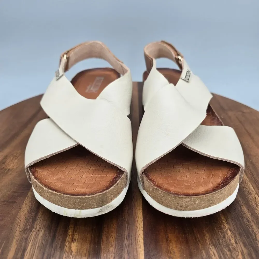 Pikolinos Mahon Sandals Womens 7 Ivory Leather Slingback Adjustable Cross Strap